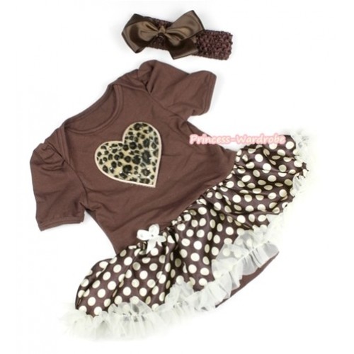 Brown Baby Jumpsuit Brown Golden Polka Dots Pettiskirt With Leopard Heart Print With Brown Headband Brown Silk Bow JS1100 