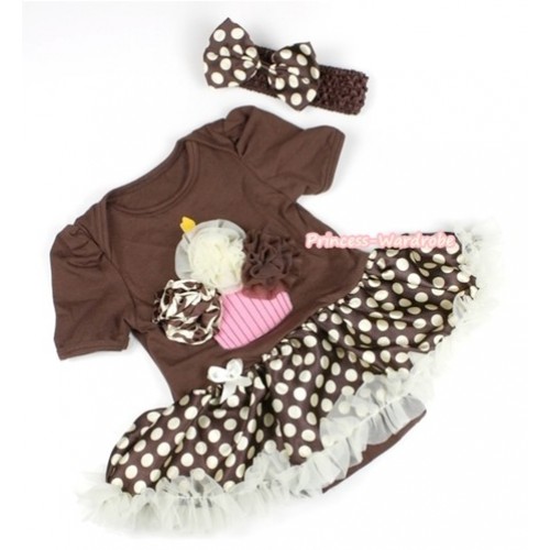 Brown Baby Jumpsuit Brown Golden Polka Dots Pettiskirt With Giraffe Cream White Brown Rosettes Birthday Cake Print With Brown Headband Brown Golden Polka Dots Satin Bow JS1106 