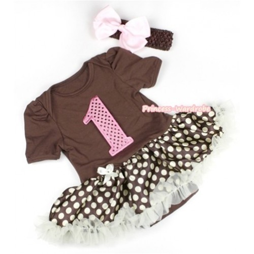 Brown Baby Jumpsuit Brown Golden Polka Dots Pettiskirt With 1st Sparkle Light Pink Birthday Number Print With Brown Headband Light Pink Silk Bow JS1110 