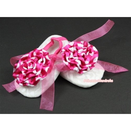 White Lace Crib Shoes With Hot Pink Ribbon With Dark Hot Pink White Dots Rose S544 