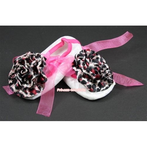 White Lace Crib Shoes With Hot Pink Ribbon With Hot Pink Leopard Rose S546 