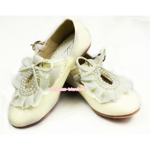 Ivory Cream White Pearl Ruffles Bow Flower Round Toe Flat Shoes E66-146Beige 