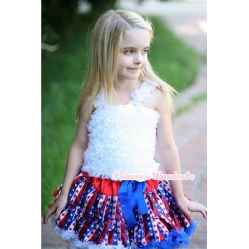 Red White Royal Blue Striped Stars Pettiskirt with White Ruffles Tank Top MR239 