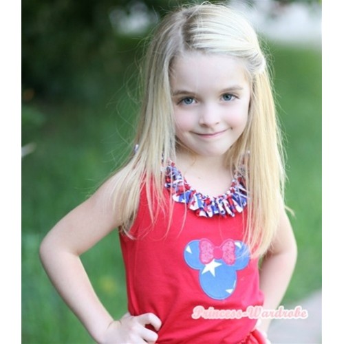 Red Tank Tops with Patriotic American Minnie Print with Red White Blue Striped Stars Satin Lacing T437 
