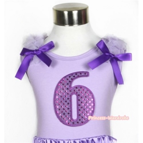 Lavender Tank Top With 6th Sparkle Dark Purple Birthday Number Print with Lavender Ruffles & Dark Purple Bow TN208 