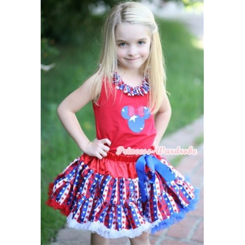 Red Tank Top With Patriotic American Minnie Print with Red White Blue Striped Stars Satin Lacing With Red White Blue Striped Stars Pettiskirt CM124 