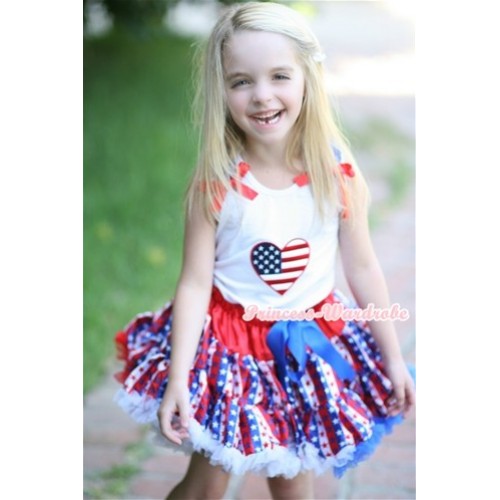 White Tank Top with Patriotic American Heart Print with Red White Blue Striped Stars Ruffles & Red Bow & Red White Blue Striped Stars Pettiskirt MG632 