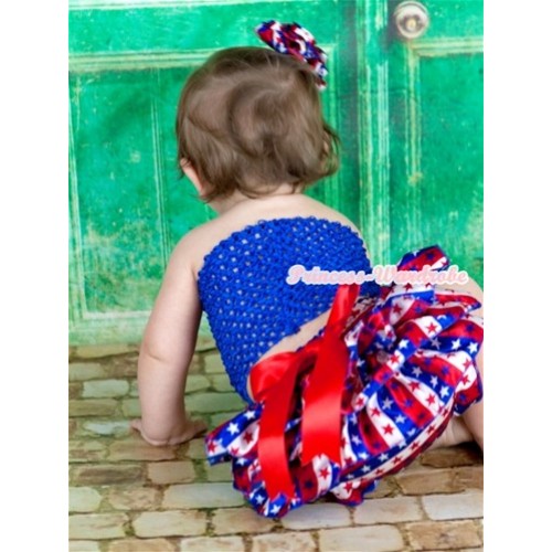Red Big Bow Red White Blue Striped Stars Satin Bloomer,Royal Blue Crochet Tube Top,Red White Blue Striped Stars Rose 3PC Set CT571 