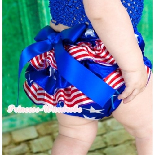 Patriotic American Stars Red White Striped Satin Layer Panties Bloomers With Royal Blue Big Bow BC135 
