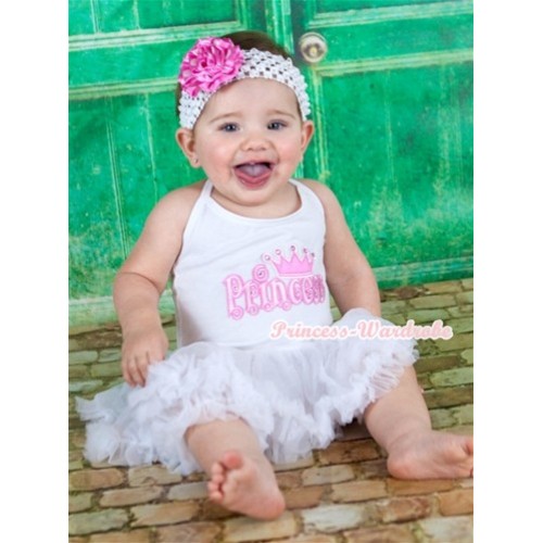 White Baby Halter Jumpsuit White Pettiskirt With Princess Print With White Headband Hot Pink White Dots Rose JS1114 
