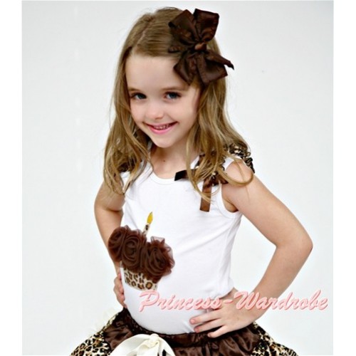 Brown Rosettes Leopard Birthday Cake White Tank Top with Leopard Ruffles and Brown Bow TB180 