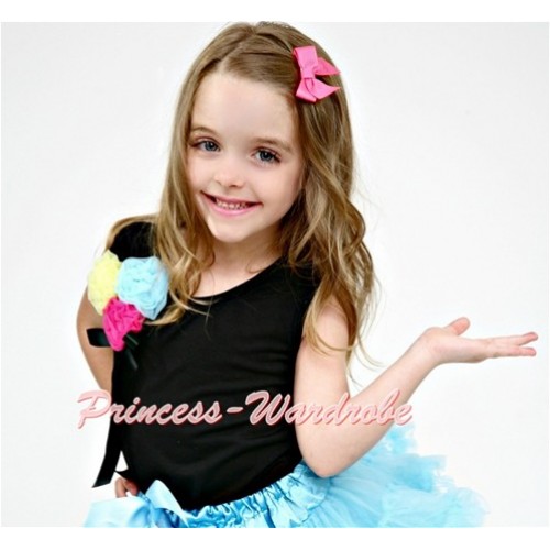 Black Tank Top with Bunch of Black Yellow Hot Pink Light Blue Rosettes and Black Bow TB190 