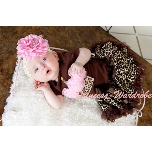 Brown Jumpsuit & Leopard Birthday Cake & Light Pink Rosettes with Brown Gold Leopard Baby Pettiskirt JN02 