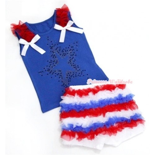 Royal Blue Tank Top With Red Ruffles & White Bow & Sparkle Crystal Glitter Star Print With Red White Royal Blue Ruffles Pettishort P004 