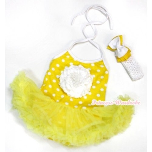 Yellow White Dots Baby Halter Jumpsuit Yellow Pettiskirt With White Peony With White Headband White Yellow Ribbon Bow JS996 