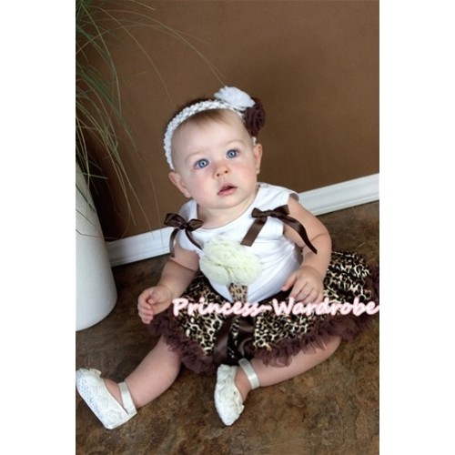 White Baby Pettitop & Cream White Rosettes Leopard Ice Cream & Brown Bows With Brown Gold Leopard Baby Pettiskirt NS02 