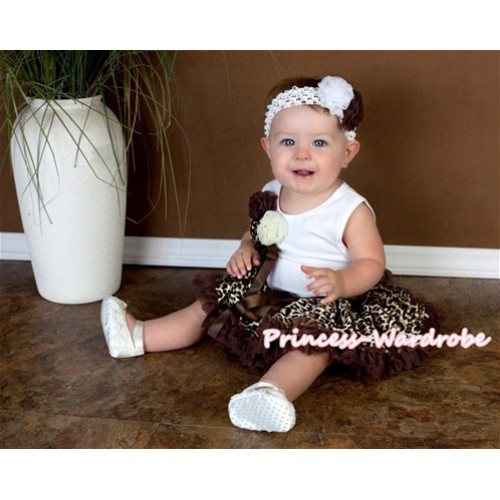 White Baby Pettitop & Bunch of Brown,Gold Leopard,Cream White Rosettes & Brown Ribbon with Brown Gold Leopard Baby Pettiskirt NG904 