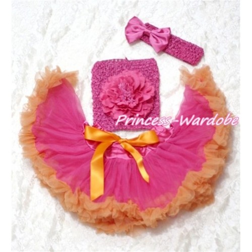 Hot Pink Orange Baby Pettiskirt, Hot Pink Peony Hot Pink Crochet Tube Top, Hot PInk Bow Headband 3PC Set CT111 