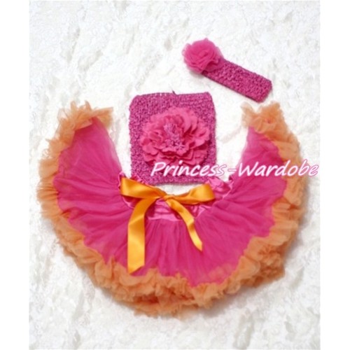 Hot Pink Orange Baby Pettiskirt, Hot Pink Peony Hot Pink Crochet Tube Top, Hot PInk Rose Headband 3PC Set CT112 