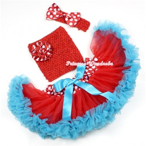 Minnie Dots Waist Peacock Blue Baby Pettiskirt, Minnie Dots Rose Red Crochet Tube Top,Red Headband Minnie Dots Satin Bow 3PC Set CT583 