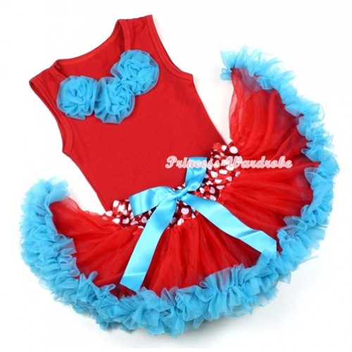 Red Baby Pettitop With Peacock Blue Rosettes with Minnie Dots Waist Peacock Blue Newborn Pettiskirt NG1176 