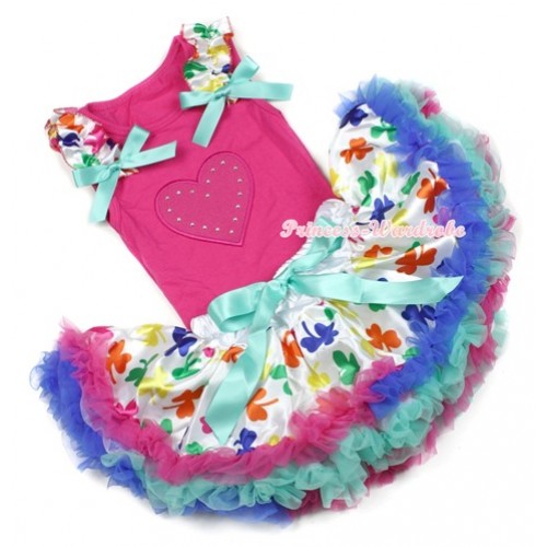 Hot Pink Baby Pettitop With Hot Pink Heart Print with Saint Patrick's Day Ruffles & Aqua Blue Bow with Saint Patrick's Day Baby Pettiskirt NG1203 