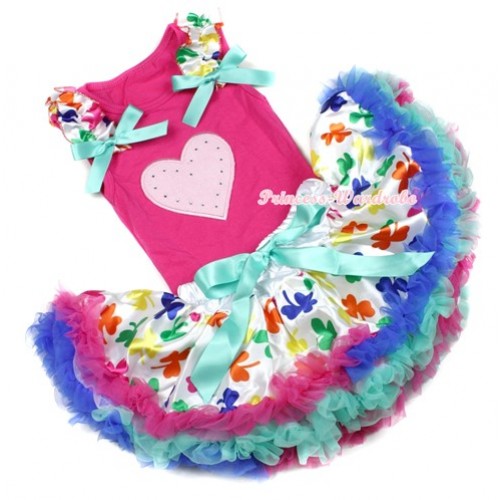 Hot Pink Baby Pettitop With Light Pink Heart Print with Saint Patrick's Day Ruffles & Aqua Blue Bow with Saint Patrick's Day Baby Pettiskirt NG1204 