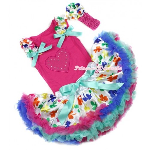 Hot Pink Baby Pettitop with Hot Pink Heart Print with Saint Patrick's Day Ruffles & Aqua Blue Bows & Saint Patrick's Day Newborn Pettiskirt With Hot Pink Headband Saint Patrick's Day Rose NG1208 