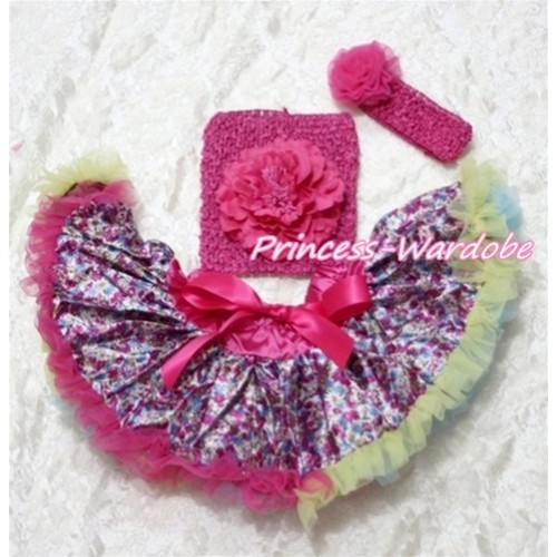Hot Pink Floral Baby Pettiskirt, Hot Pink Peony Hot Pink Crochet Tube Top, Hot Pink Rose Headband 3PC Set CT116 