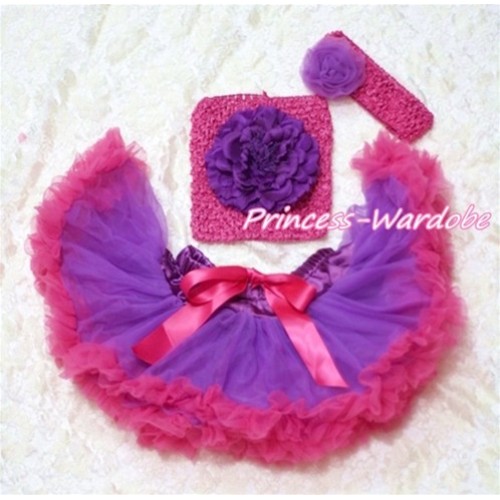 Purple Hot Pink Baby Pettiskirt, Dark Purple Peony Hot Pink Crochet Tube Top, Hot Pink Headband Purple Rose 3PC Set CT130 