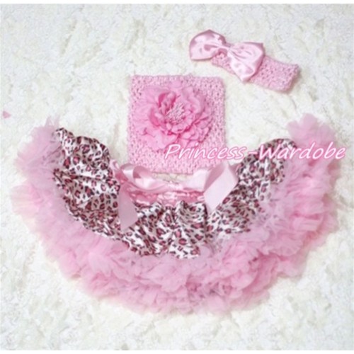 Pink Leopard Baby Pettiskirt, Pink Peony Pink Crochet Tube Top, Pink Bow Headband 3PC Set CT141 
