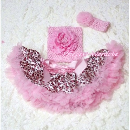 Pink Leopard Baby Pettiskirt, Pink Peony Pink Crochet Tube Top, Pink Rose Headband 3PC Set CT142 