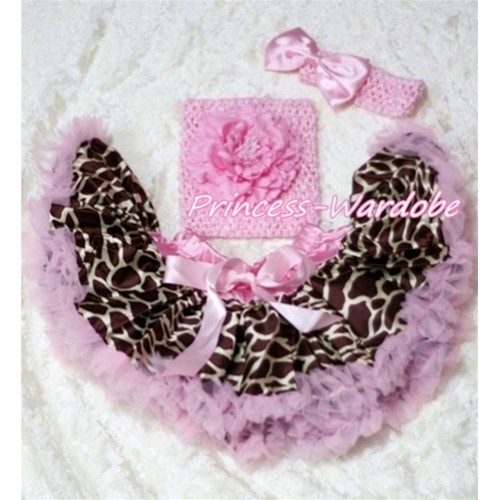 Pink Giraffe Baby Pettiskirt, Pink Peony Pink Crochet Tube Top, Pink Bow Headband 3PC Set CT144 