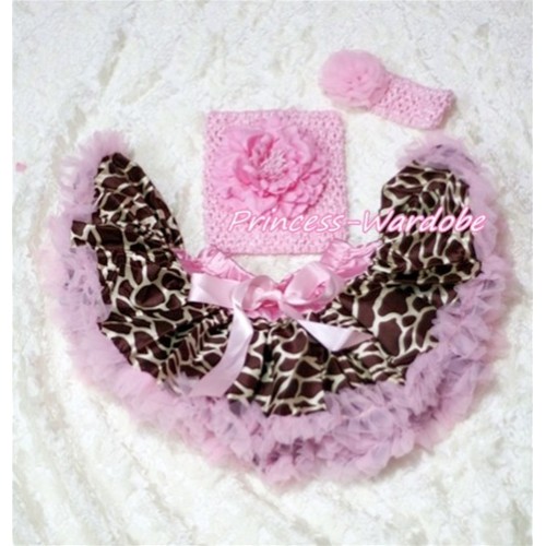 Pink Giraffe Baby Pettiskirt, Pink Peony Pink Crochet Tube Top, Pink Rose Headband 3PC Set CT145 