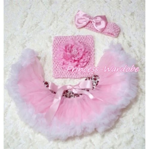 Pink White Leopard Waist Baby Pettiskirt, Pink Peony Pink Crochet Tube Top, Pink Bow Headband 3PC Set CT147 