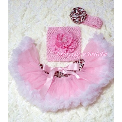 Pink White Leopard Waist Baby Pettiskirt, Pink Peony Light Pink Crochet Tube Top, Pink Leopard Rose Headband 3PC Set CT149 