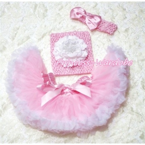 Pink White Baby Pettiskirt, White Peony Pink Crochet Tube Top. Pink Bow Headband 3PC Set CT160 