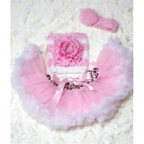 Pink White Leopard Waist Baby Pettiskirt, Pink Peony Pink White Crochet Tube Top, Pink Rose Headband 3PC Set CT174 
