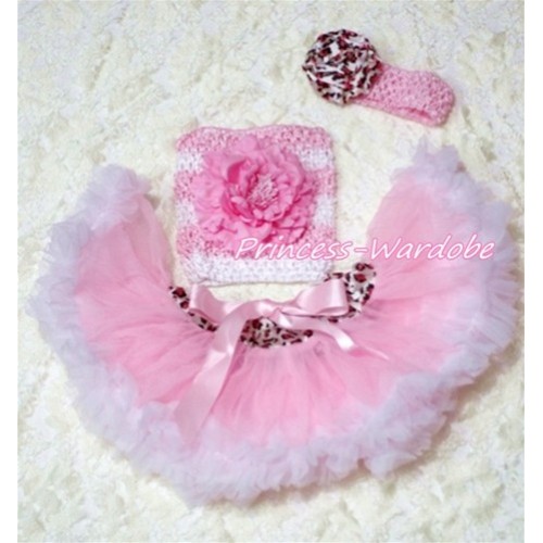 Pink White Leopard Waist Baby Pettiskirt, Pink Peony Pink White Crochet Tube Top, Pink Leopard Rose Headband 3PC Set CT175 
