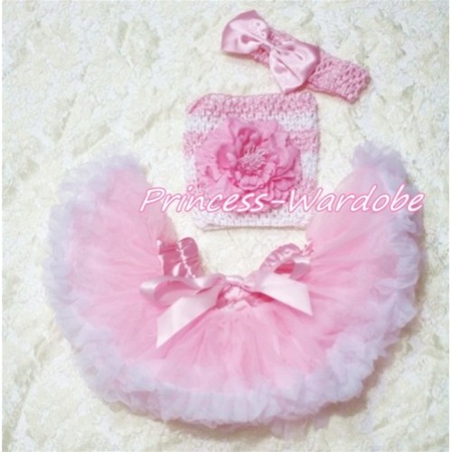 Pink White Baby Pettiskirt, Pink Peony Pink White Crochet Tube Top, Light Pink Bow Headband 3PC Set CT178 