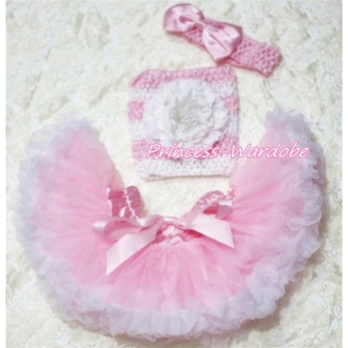 Pink White Baby Pettiskirt, White Peony Pink White Crochet Tube Top, Pink Bow Headband 3PC Set CT183 