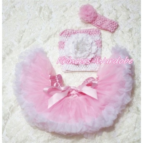 Pink White Baby Pettiskirt, White Peony Pink White Crochet Tube Top, Pink Rose Headband 3PC Set CT184 