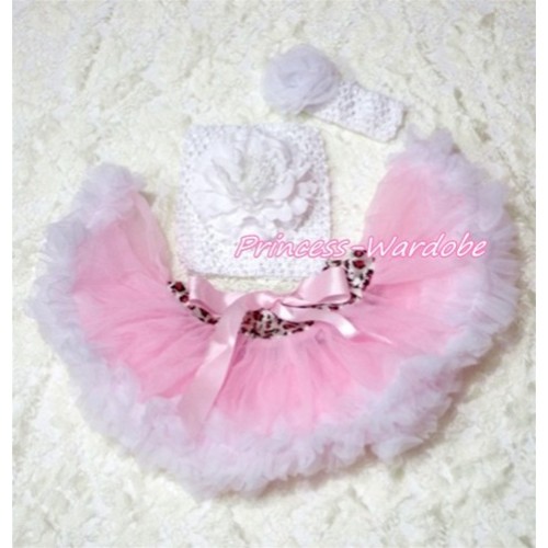 Pink White Leopard Waist Baby Pettiskirt, White Peony White Crochet Tube Top, White Bow Headband 3PC Set CT185 