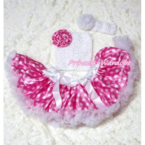 Hot Pink White Polka Dot Baby Pettiskirt, Hot Pink Dots Rose White Crochet Tube Top, White Rose White Headband 3PC Set CT203 