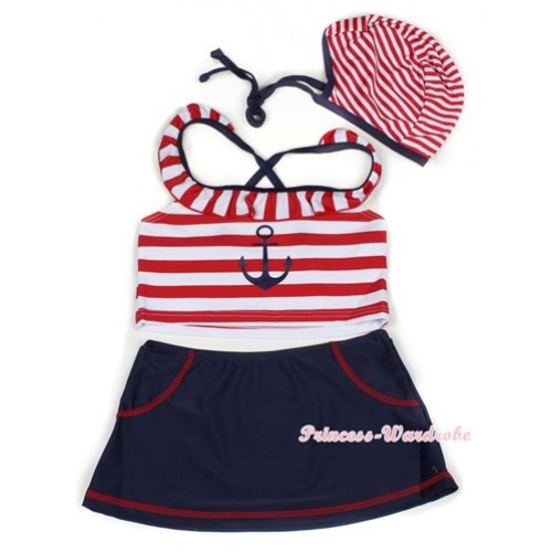 Red White Striped Navy Sailor Mariner Swimming Suit with Cap SW67 