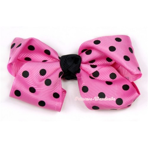 Hot Pink Black Polka Dots Ribbon Bow Hair Clip H709 