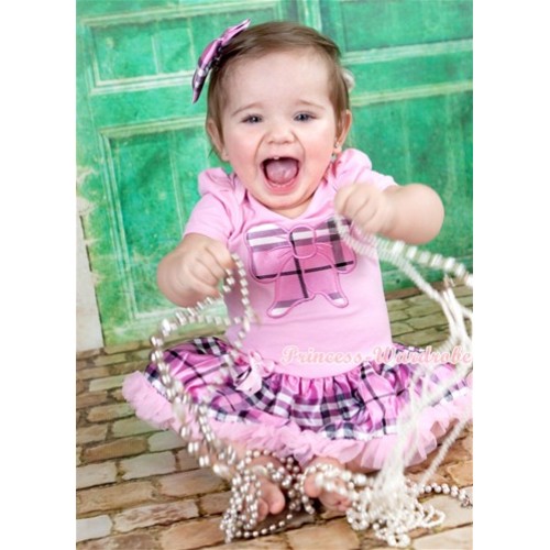Light Pink Baby Jumpsuit Light Pink Checked Pettiskirt With Light Pink Checked Butterfly Print With Light Pink Checked Satin Bow JS779 
