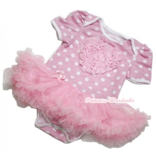 Light Pink White Dots Baby Jumpsuit Light Pink Pettiskirt with Light Pink Rosettes Heart Print JS1120 