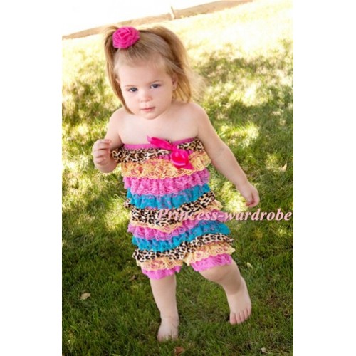 Rainbow Leopard Layer Chiffon Romper with Hot Pink Bow LR94 
