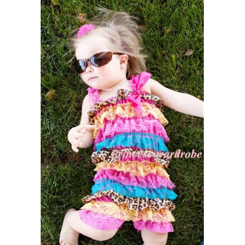 Rainbow Leopard Layer Chiffon Romper with Hot Pink Bow & Hot Pink Straps LR84 